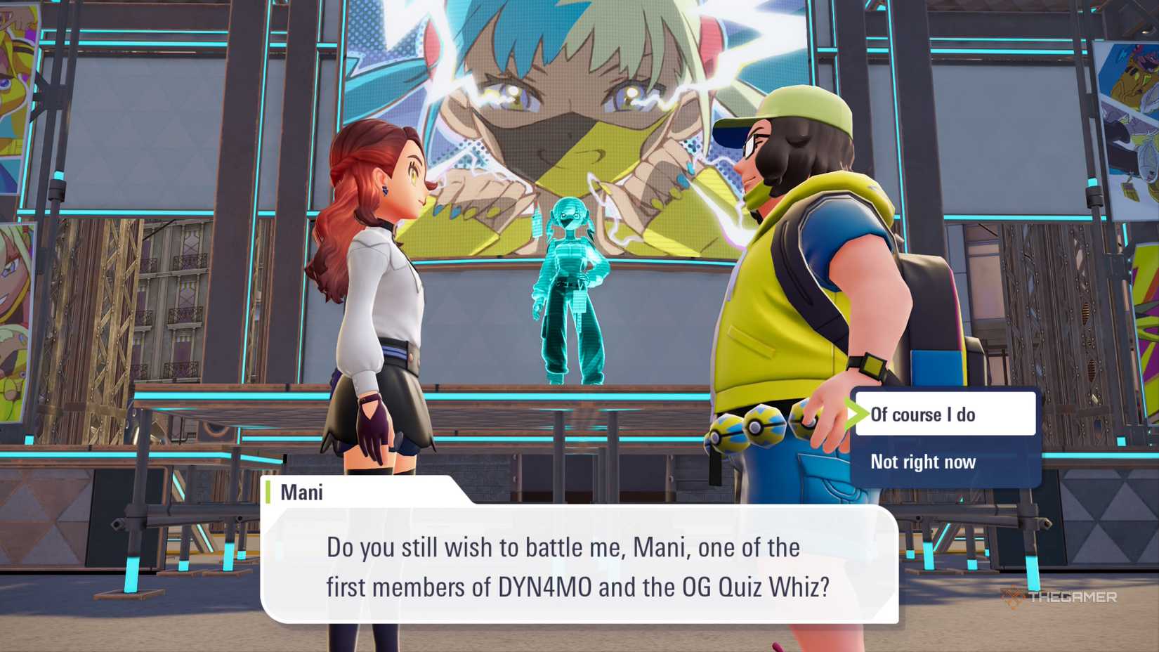 Player prepares to fight Mani the Canari super fan in Pokemon Legends: Z-A.
