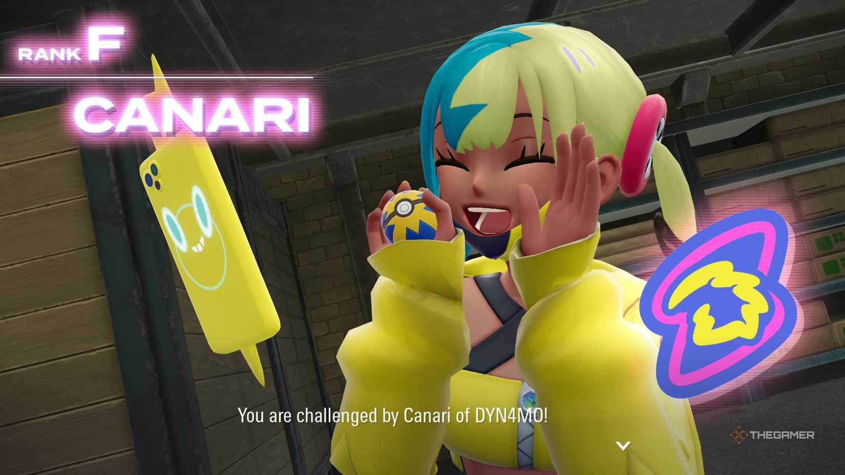 Canari challenges the player to battle in a Rank F Promotion Match in Pokemon Legends: Z-A.