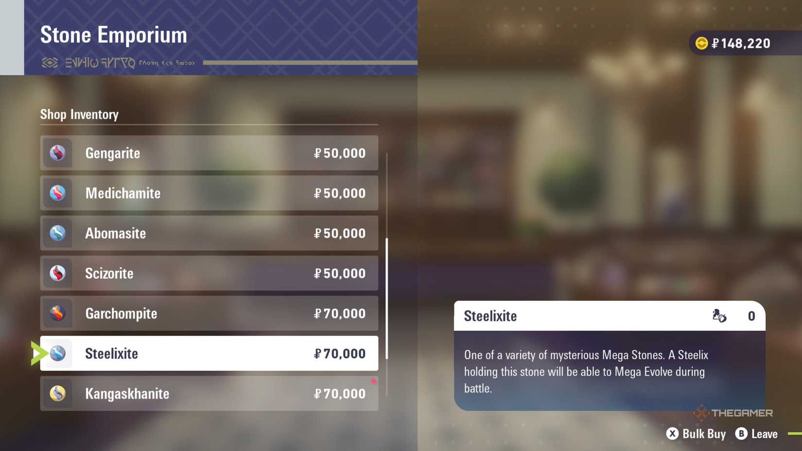 Player prepares to purchase the Steelixite from the Stone Emporium in Pokemon Legends: Z-A.
