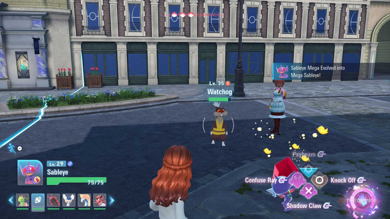 Player's Sableye fights an artist's Watchog to gain coloured contacts in Pokemon Legends: Z-A.