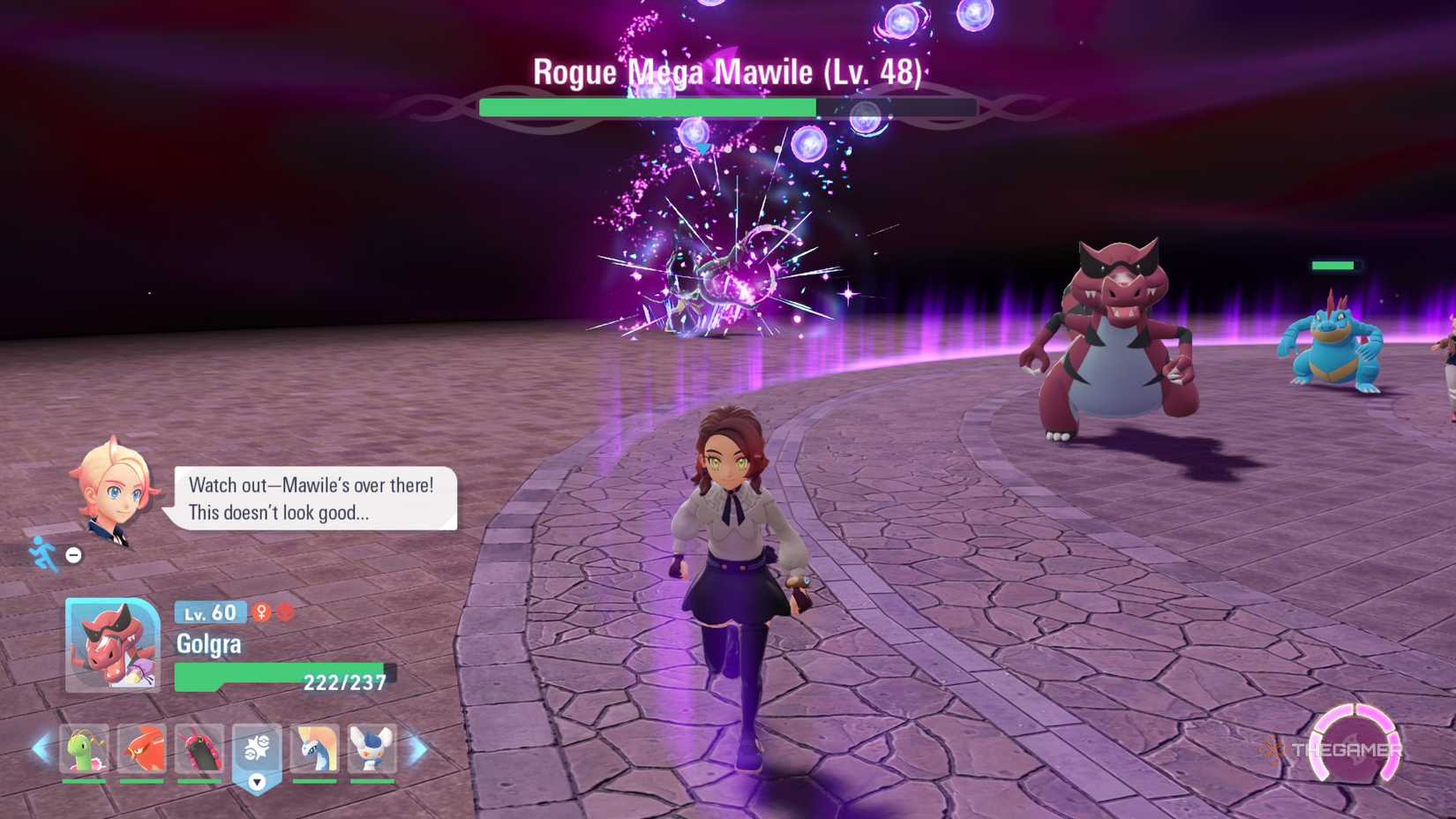 Player and Krookodile run away from Mega Mawile's onslaught in Pokemon Legends: Z-A.