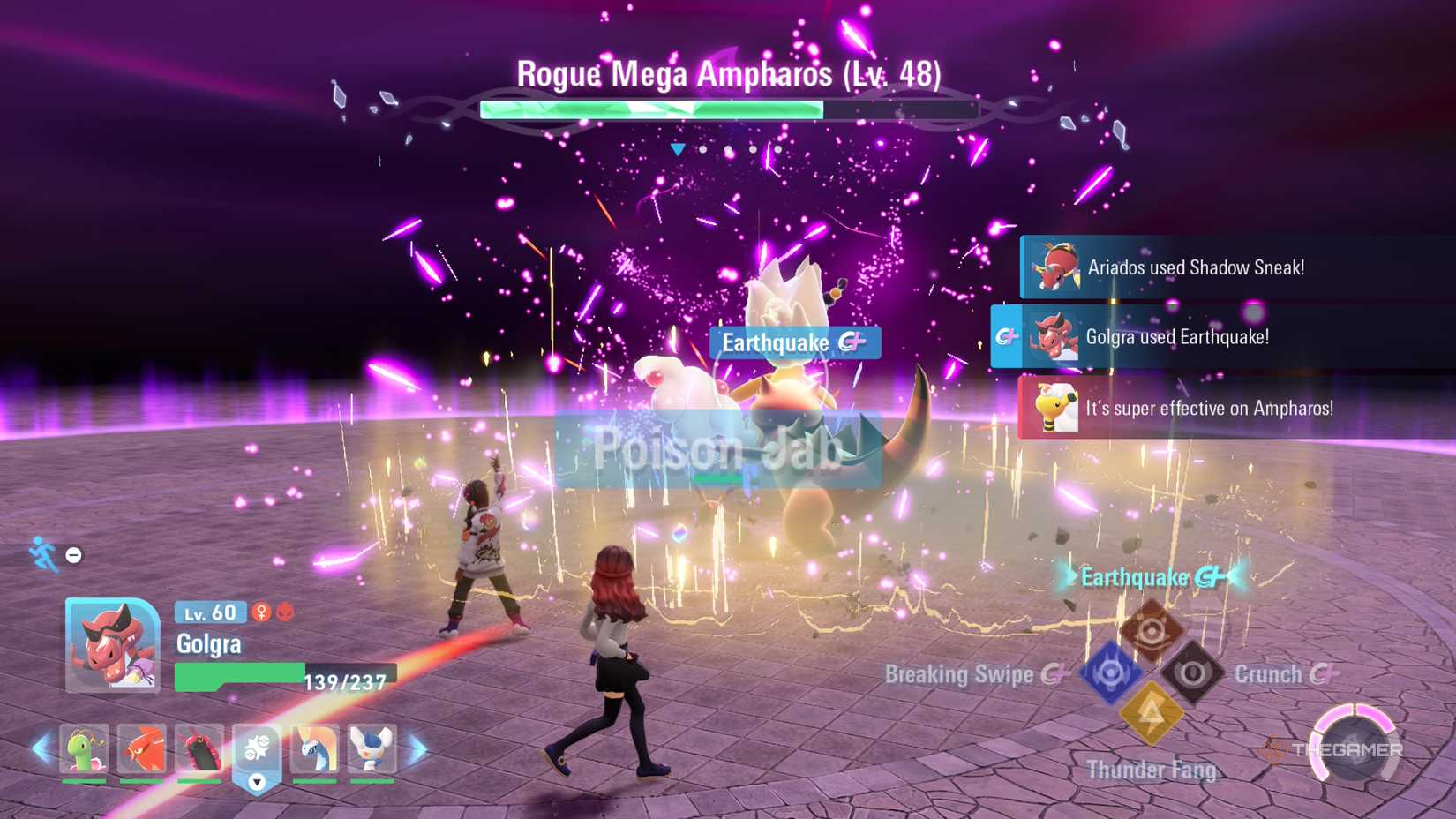 Krookodile uses Earthquake on Mega Ampharos in Pokemon Legends: Z-A.