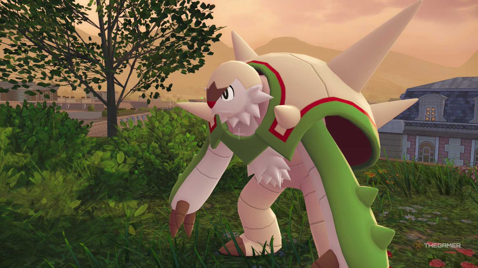 Chesnaught poses on a sunset skyline in Pokemon Legends: Z-A.