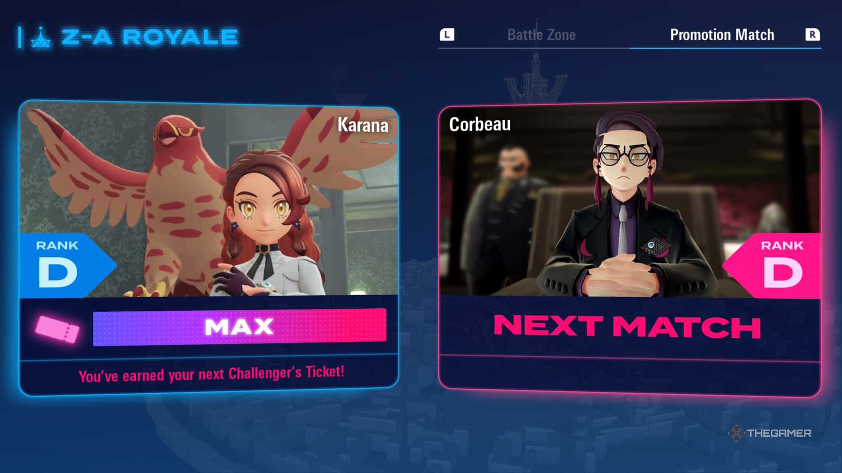 Player receives a Promotion Match announcement against Corbeau in Pokemon Legends: Z-A.