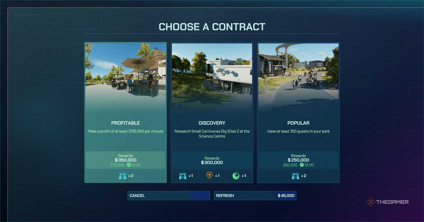 UI Menu in Jurassic World Evolution 3 showing contracts.