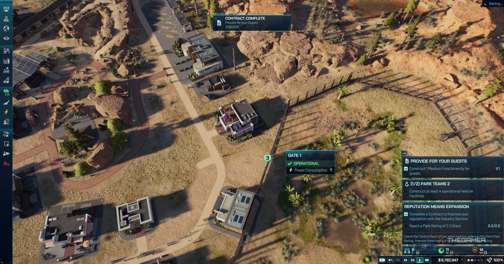 UI Menu in Jurassic World Evolution 3 showing a completion of contracts.