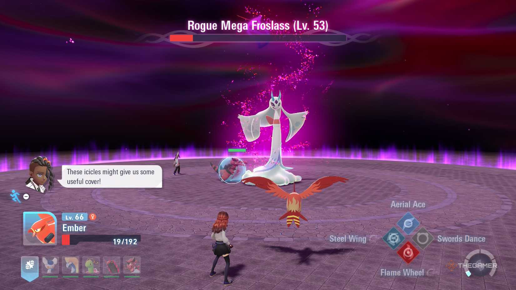 Mega Froslass faces off against Talonflame as both are in the red in Pokemon Legends: Z-A.