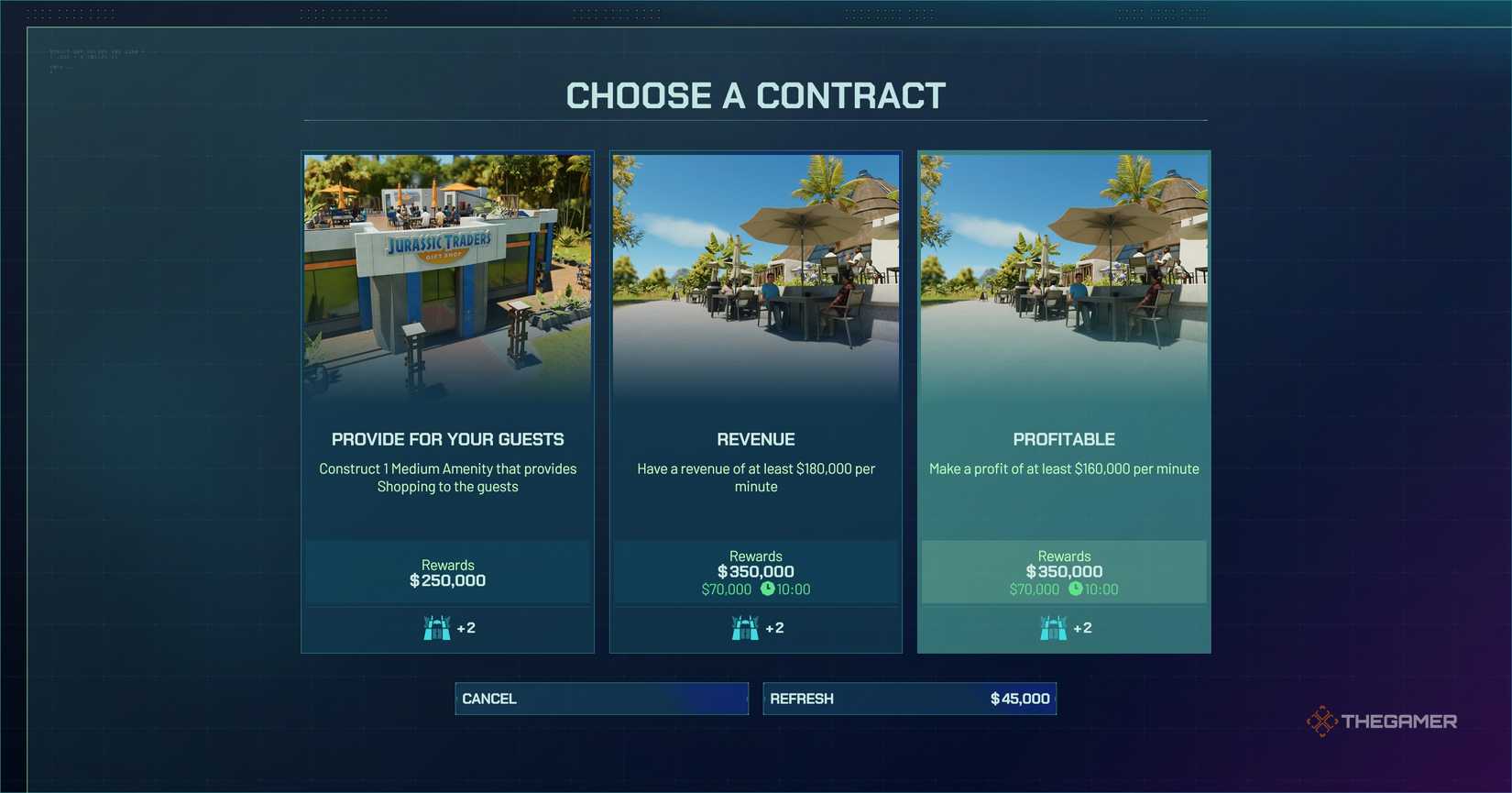 UI Menu in Jurassic World Evolution 3 showing contracts.