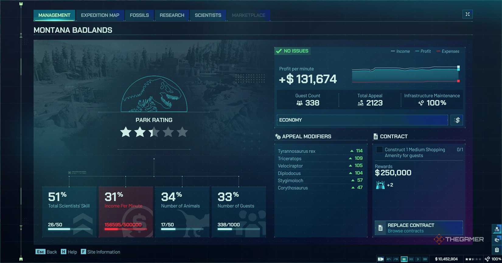 UI Menu in Jurassic World Evolution 3 showing contracts.