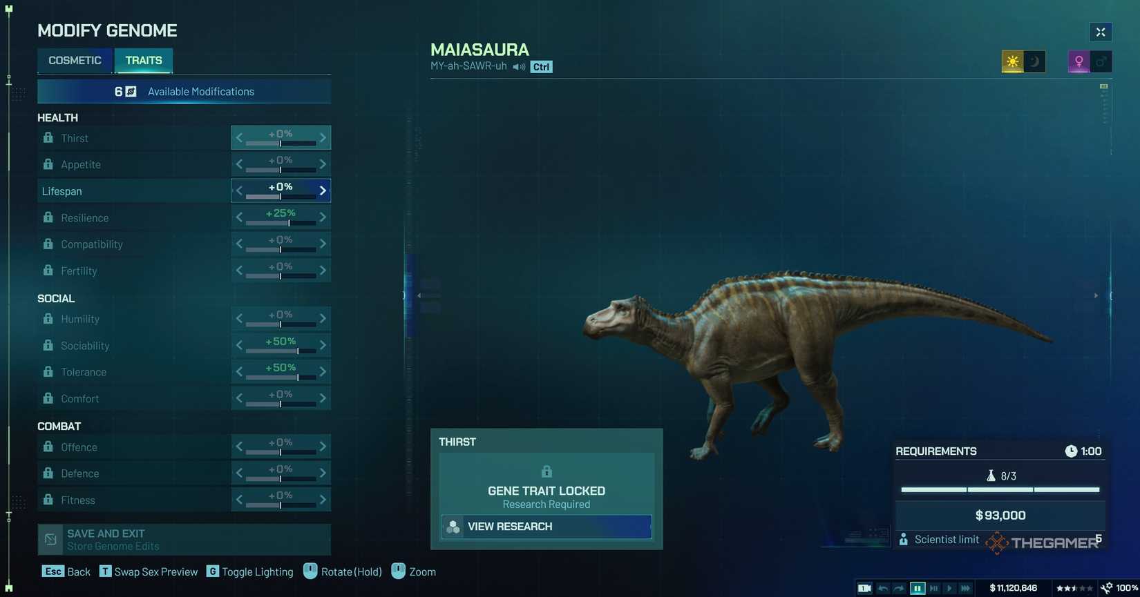 Breeding a baby dino and modifying its traits in Jurassic World Evolution 3.