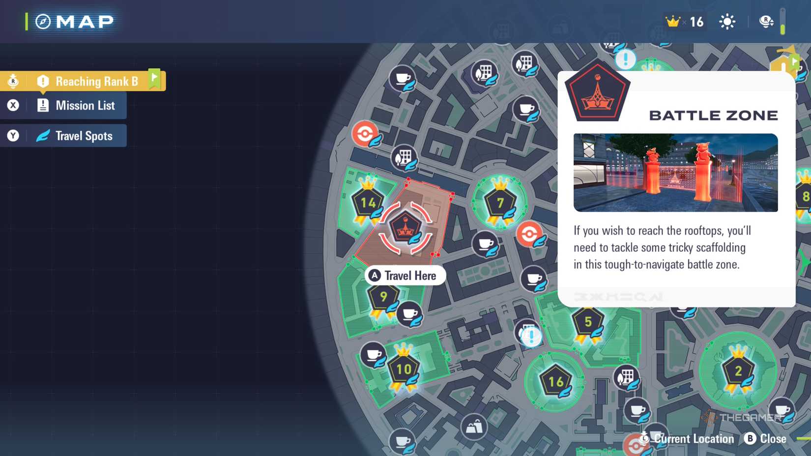 Player locates a Battle Zone on the Lumiose City map in Pokemon Legends: Z-A.