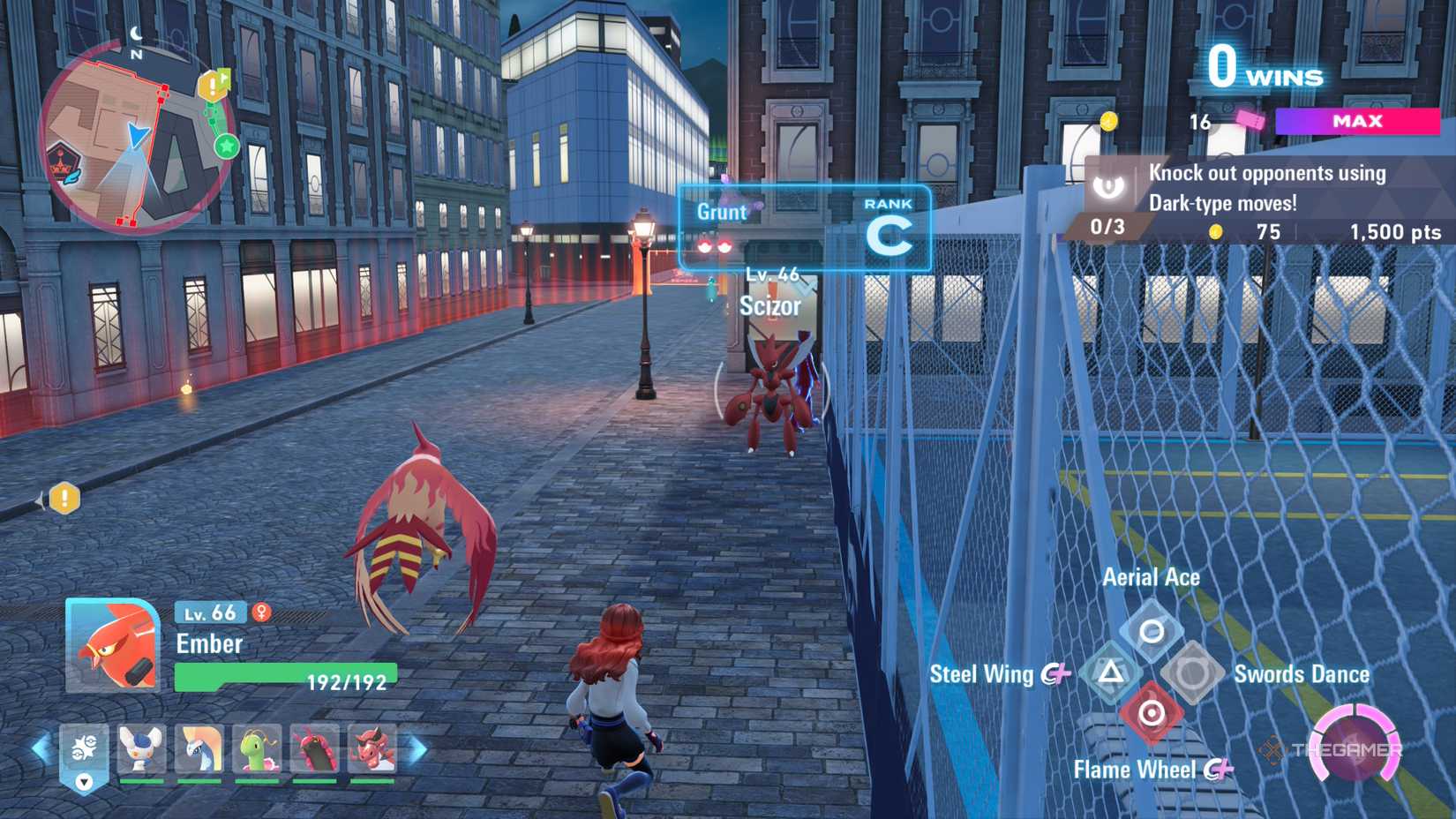 Player and Talonflame sneak up on a Scizor during Battle Royale in Pokemon Legends: Z-A.