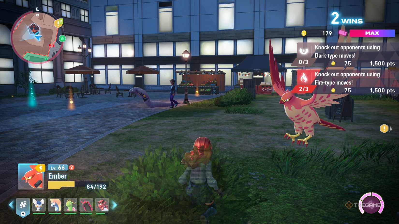 Player hides in the grass with Talonflame as they sneak up on a Battle Zone trainer in Pokemon Legends: Z-A.