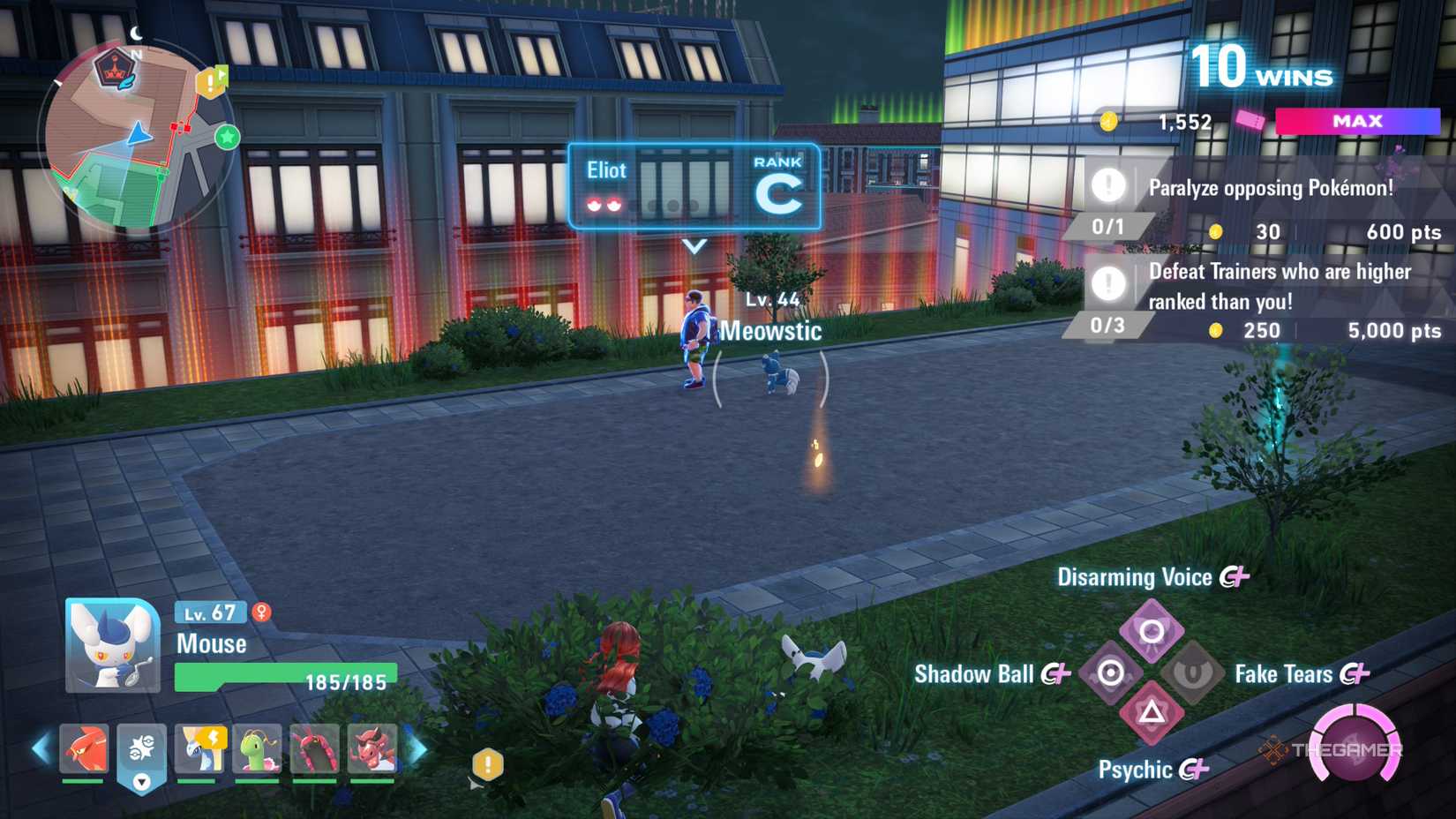 Meowstic prepares to attack a C Rank trainer in Pokemon Legends: Z-A.