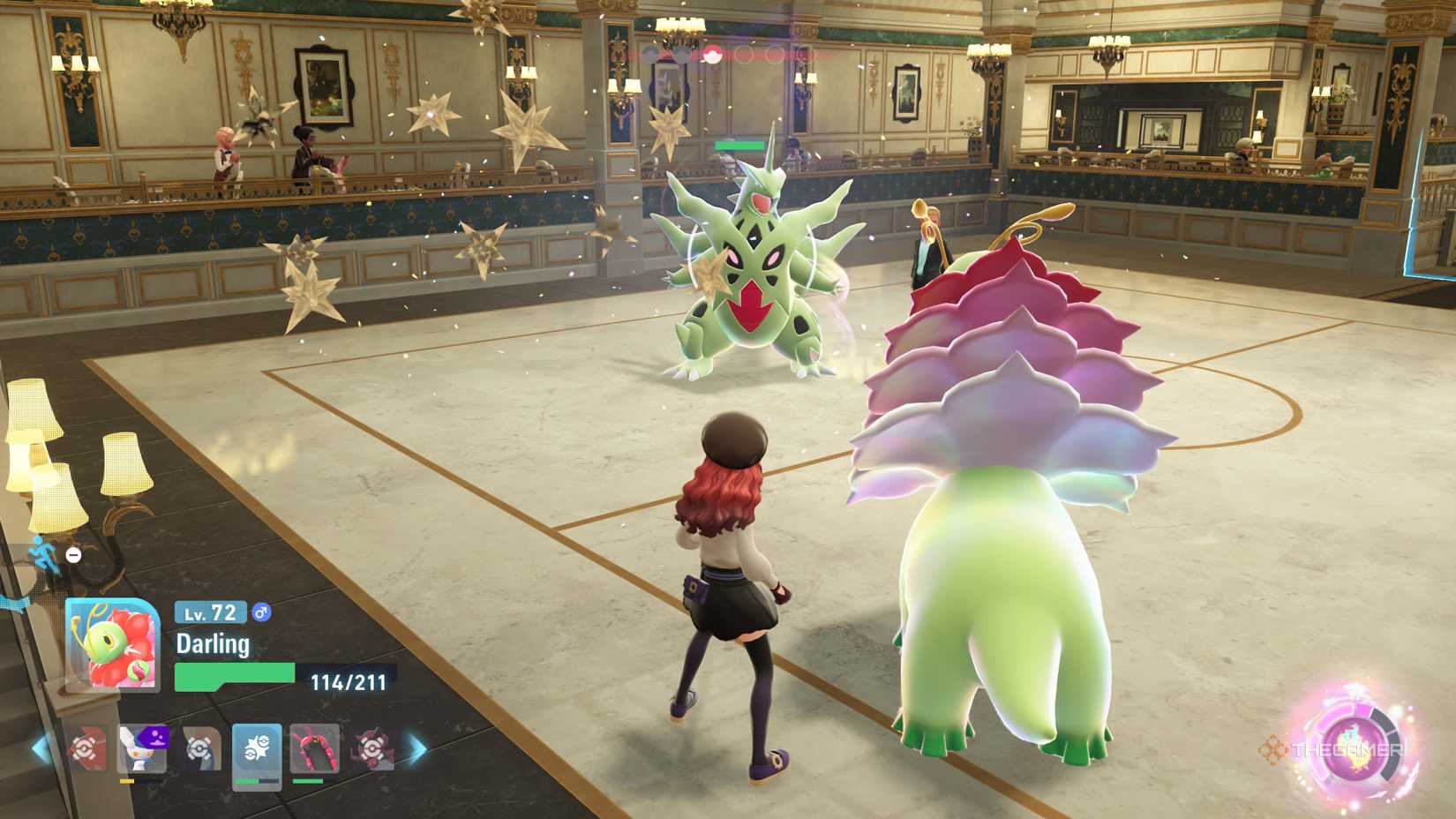 Meganium fights a Mega Tyranitar in a restaurant fight in Pokemon Legends: Z-A.