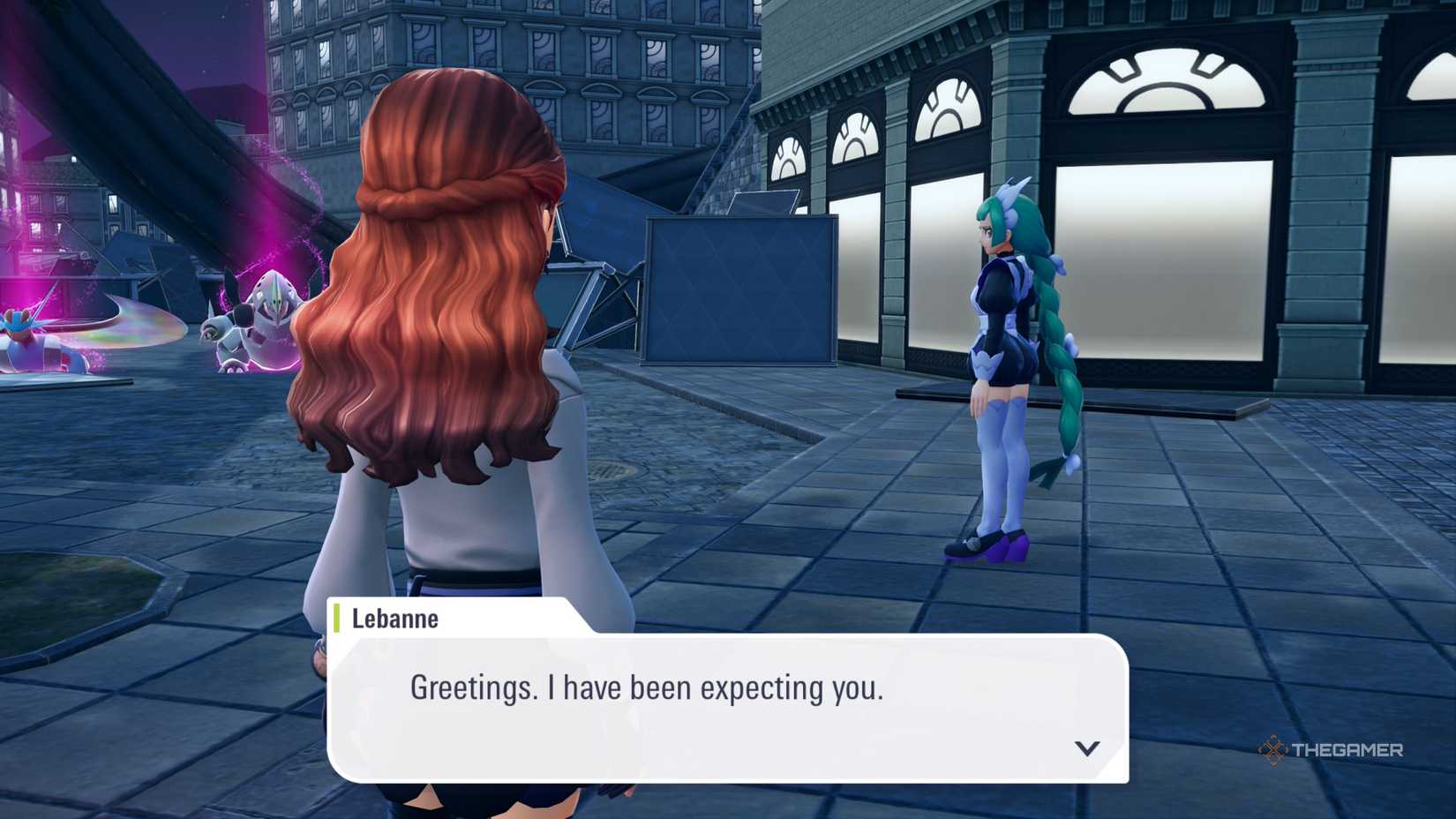 Lebanne greets the player in front of Mega Salamence and Aggron in Pokemon Legends: Z-A.