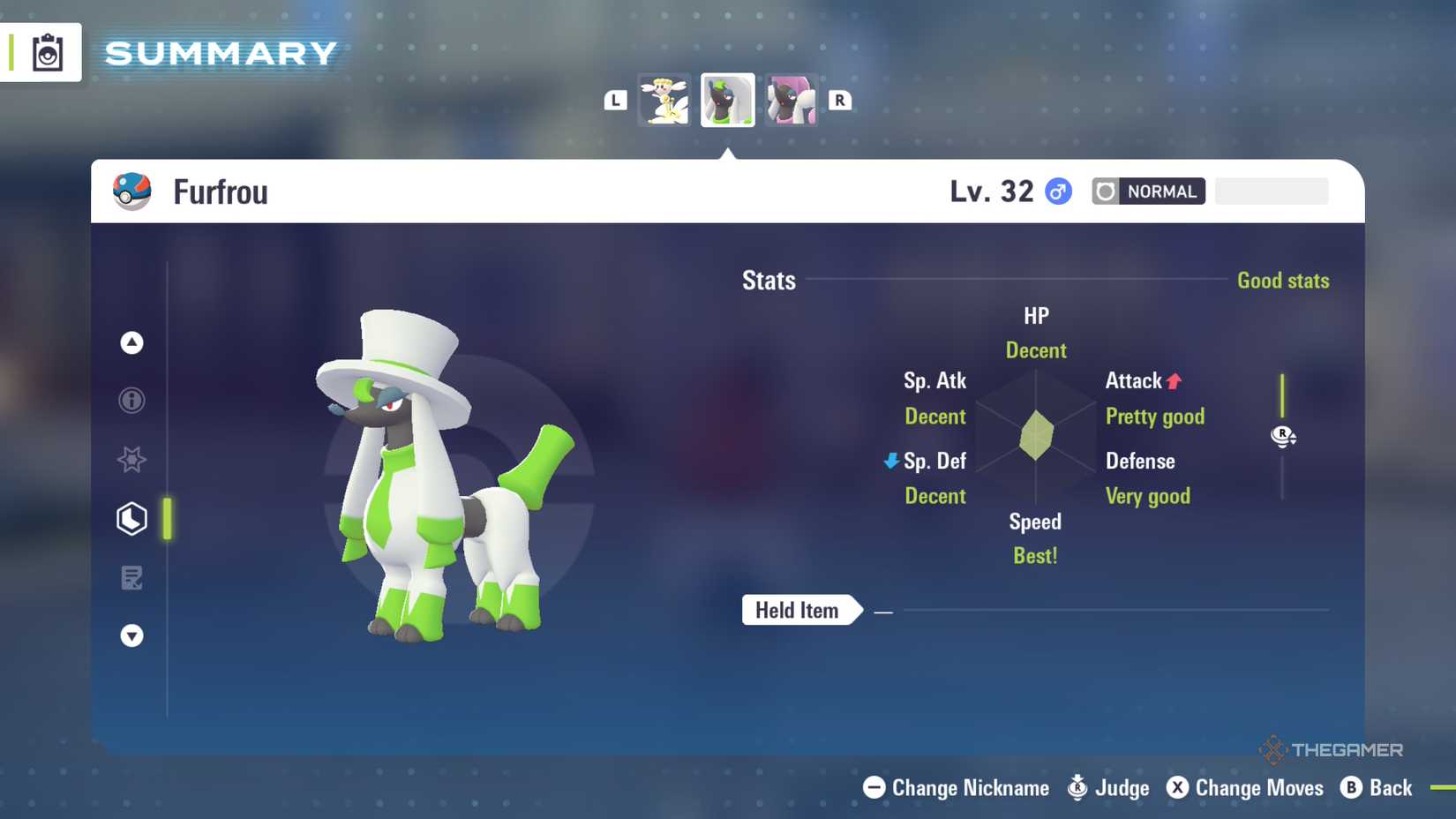 Trainer judges the stats of Dandy Furfrou in Pokemon Legends: Z-A.