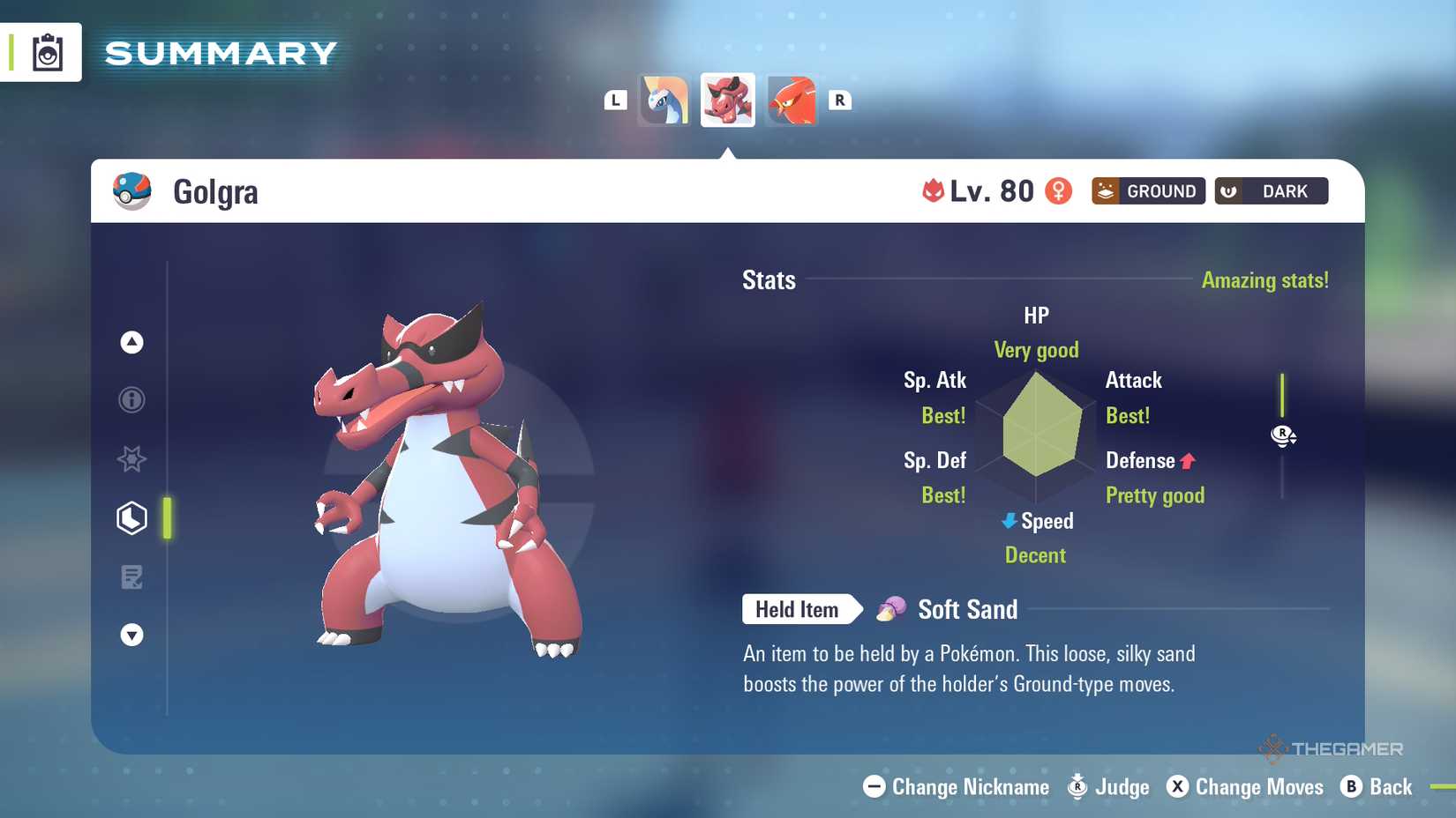 Player judges the stats of Alpha Krookodile and finds three perfect IVs in Pokemon Legends: Z-A.
