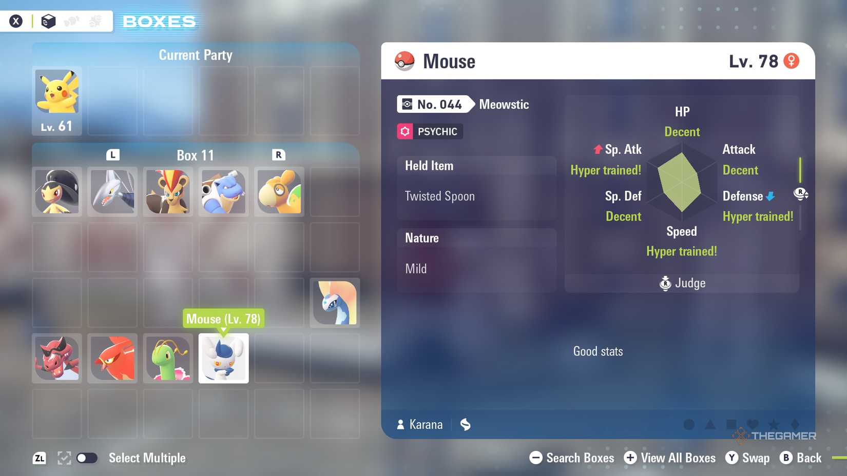 Player judges the Hyper Trained stats of a Meowstic in Pokemon Legends: Z-A.