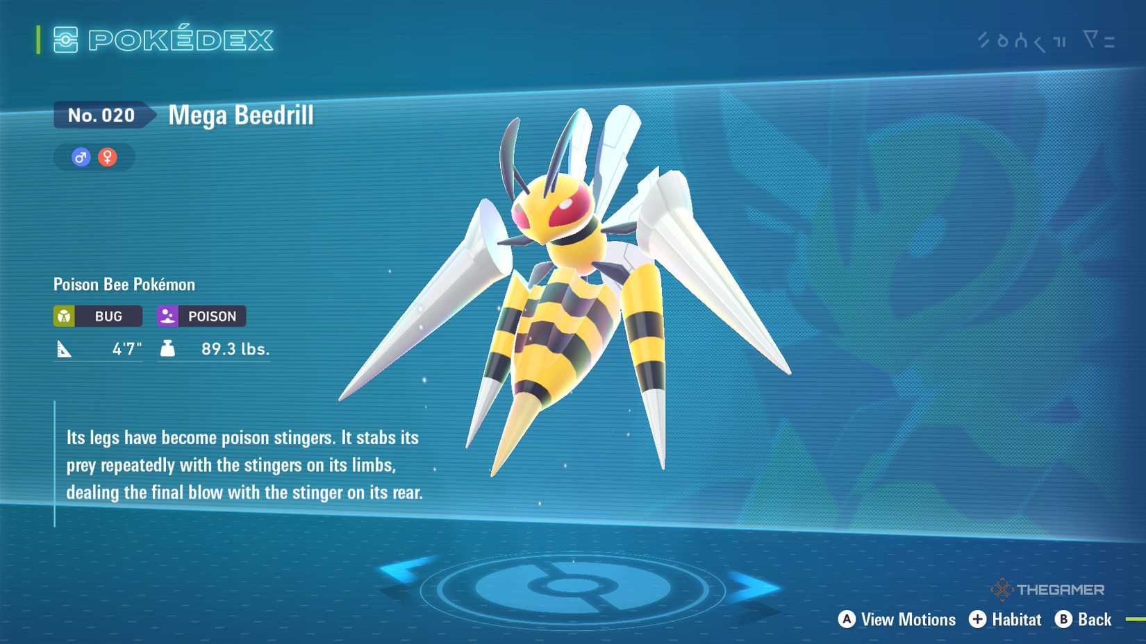 Player inspects the pokedex entry of Mega Beedrill in Pokemon Legends: Z-A.