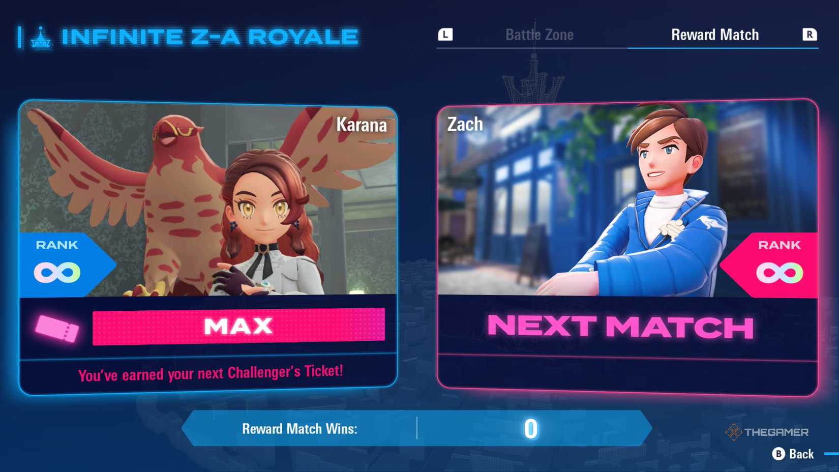 Player is paired with Zach in the Infinite Royale Reward match in Pokemon Legends: Z-A.