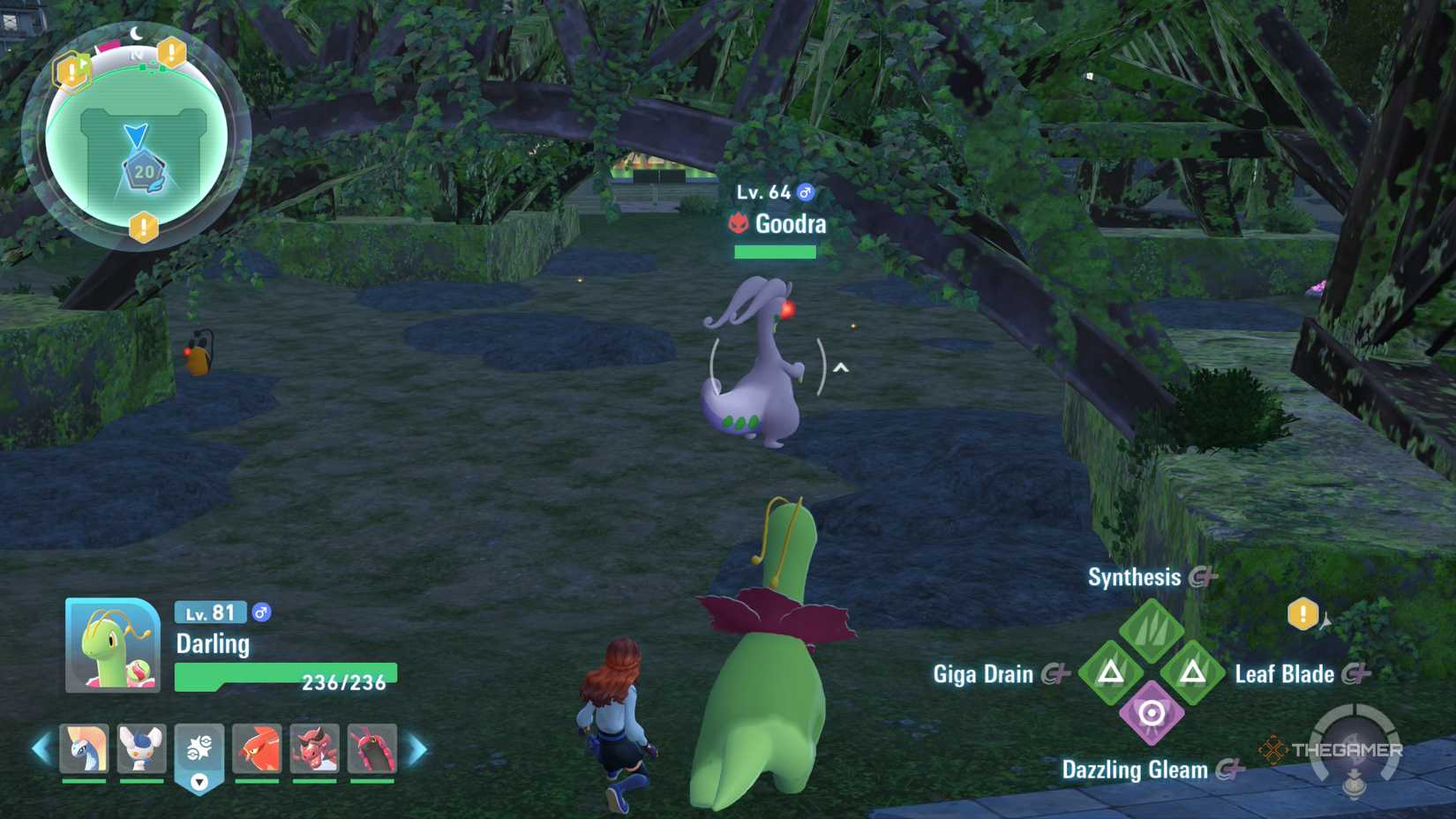 Player fights Alpha Goodra under Prism tower with Meganium in Pokemon Legends: Z-A.