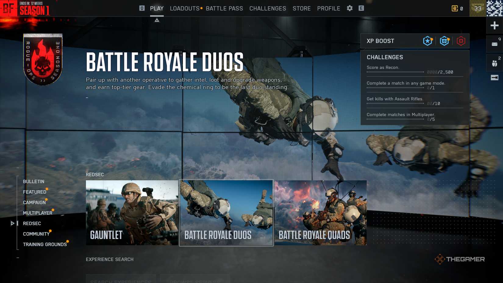 Battlefield 6 RedSec battle royale menu showing the duos and quads options.