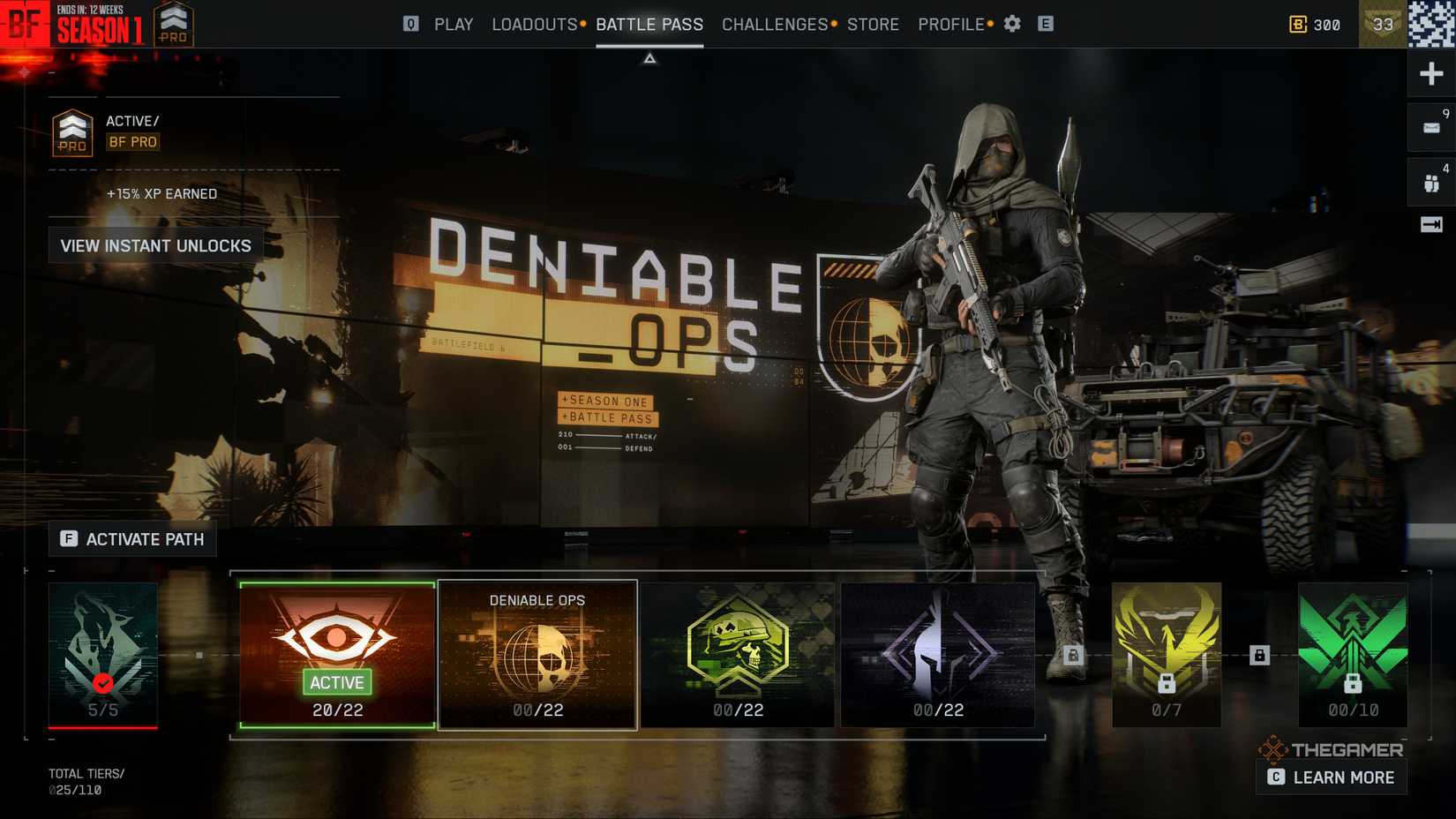 Battlefield 6 Battle Pass with the Deniable Ops path highlighted and active.