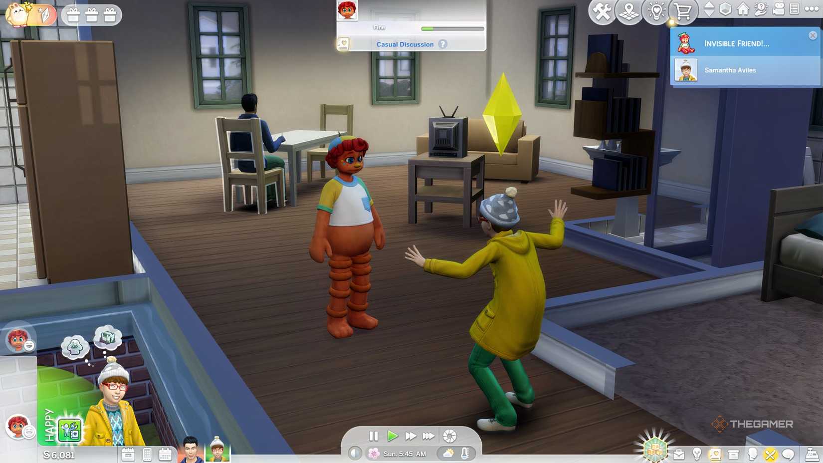 A child Sim with an orange imaginary friend in Adventure Awaits.