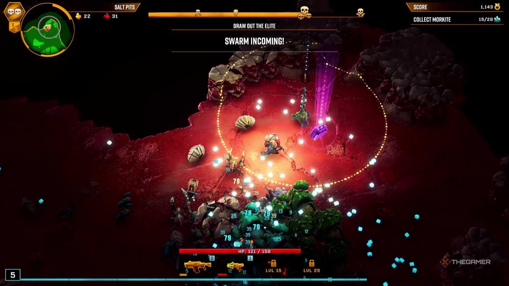 A Dwarf picks up a piece of purple gear in Deep Rock Galactic Survivor.