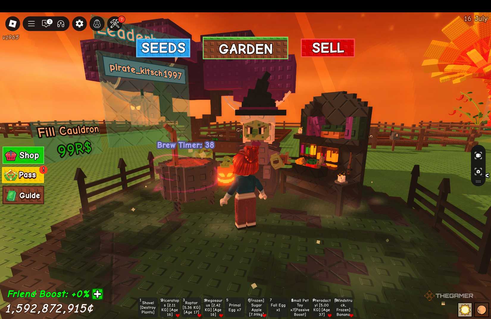 A player beside the witch's cauldron in Roblox Grow a Garden.