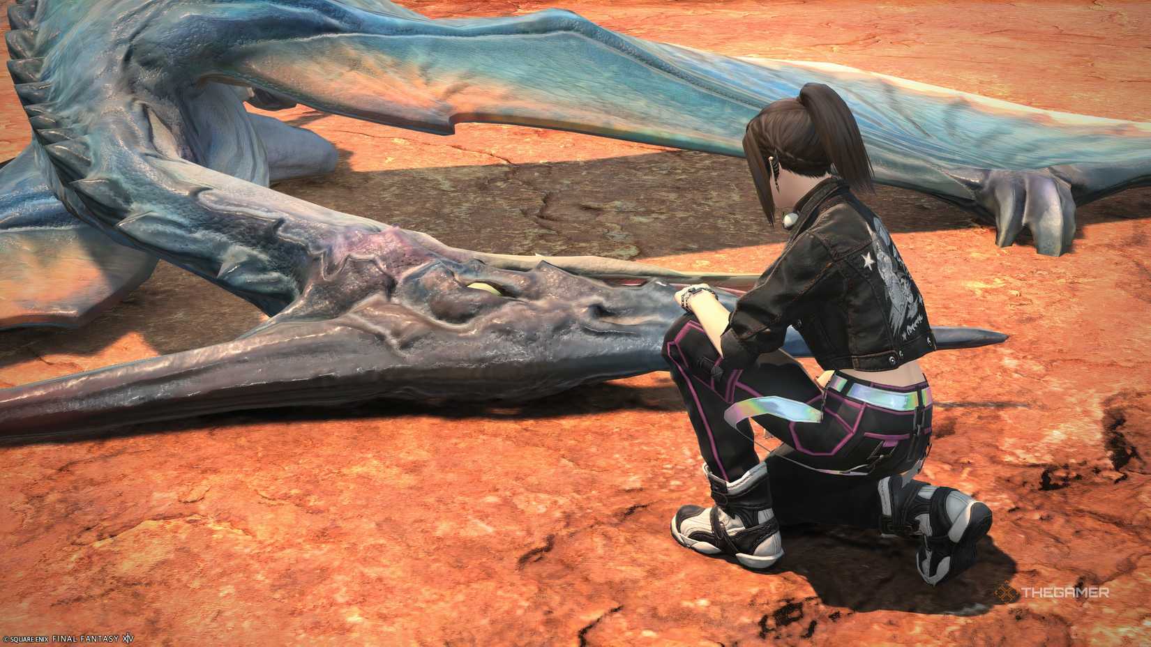 A player examining a beast corpse in Final Fantasy 14.