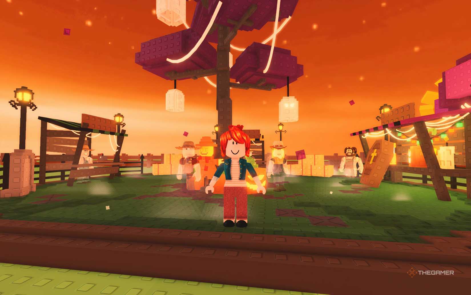 A player in front of the Halloween Market in Roblox Grow a Garden.
