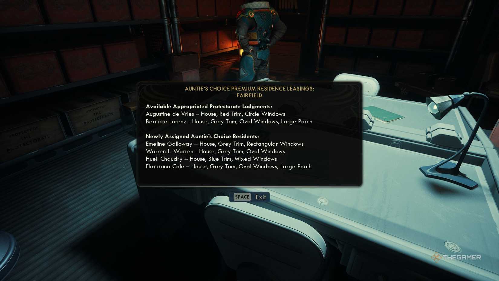 A pop up in The Outer Worlds 2, telling the player which NPCs live where in Fairfield