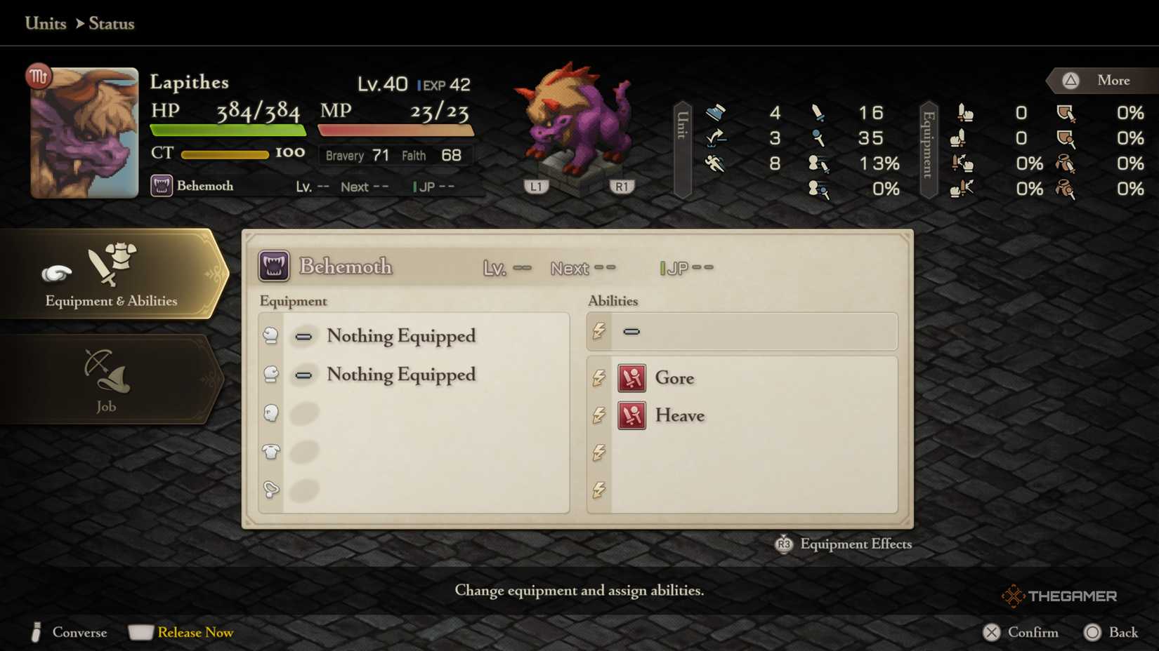 A recruited Behemoth stats screen in Final Fantasy Tactics The Ivalice Chronicles.