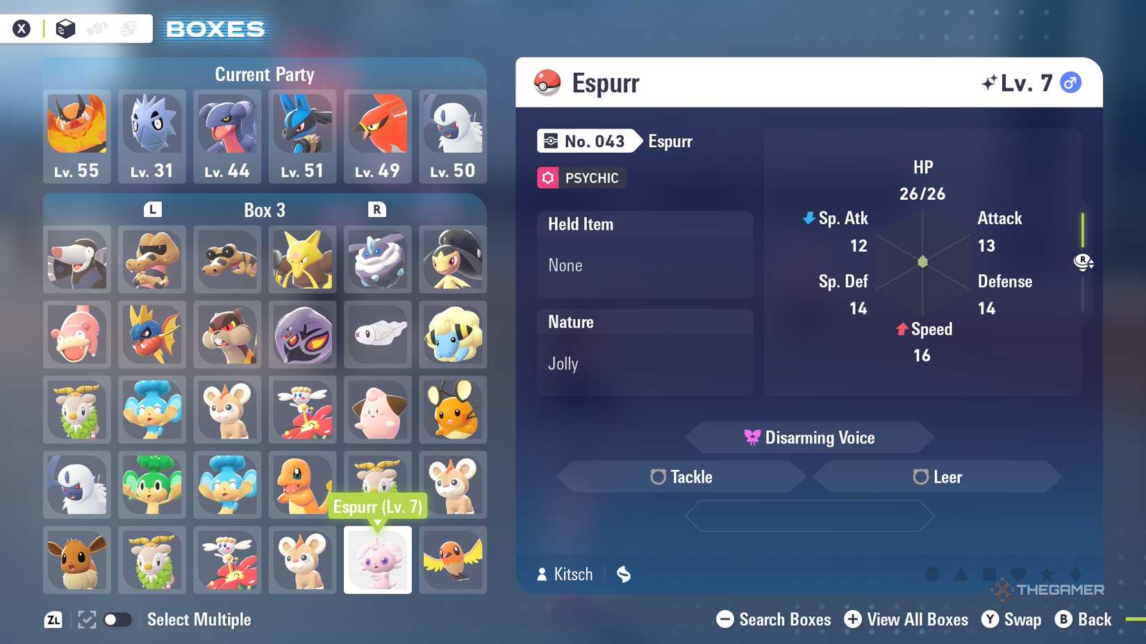 A Shiny Espurr's details in Pokemon Legends Z-A.