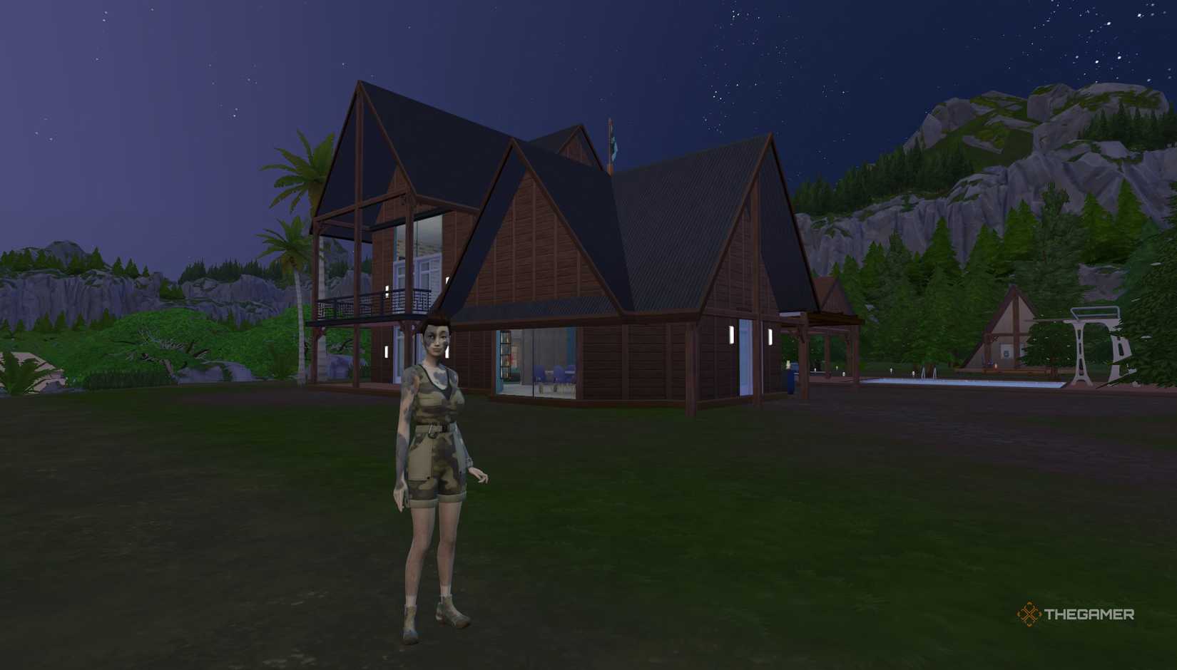 A Sim outside a custom venue retreat in The Sims 4 Adventure Awaits.