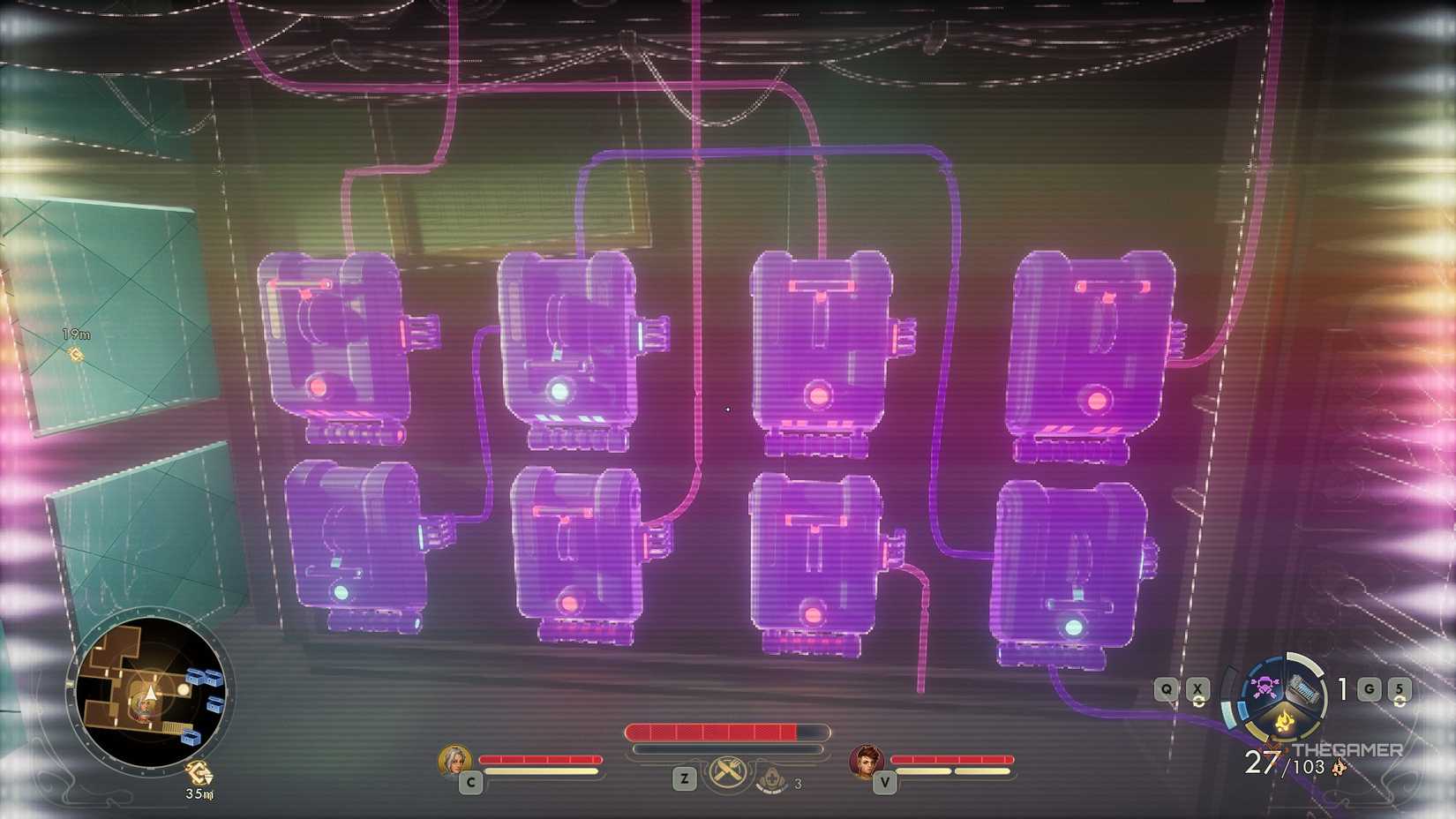 A wall full of switches in The Outer Worlds 2. Three of them have been turned on. The player is using a gadget to look through walls and see the wiring