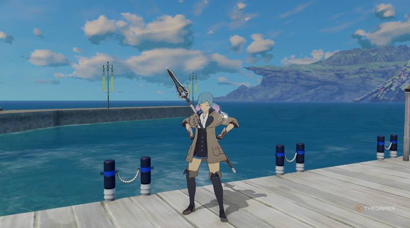 A Wind Mage posing near the sea in Asterleads on the fishing dock in Blue Protocol Star Resonance.-1