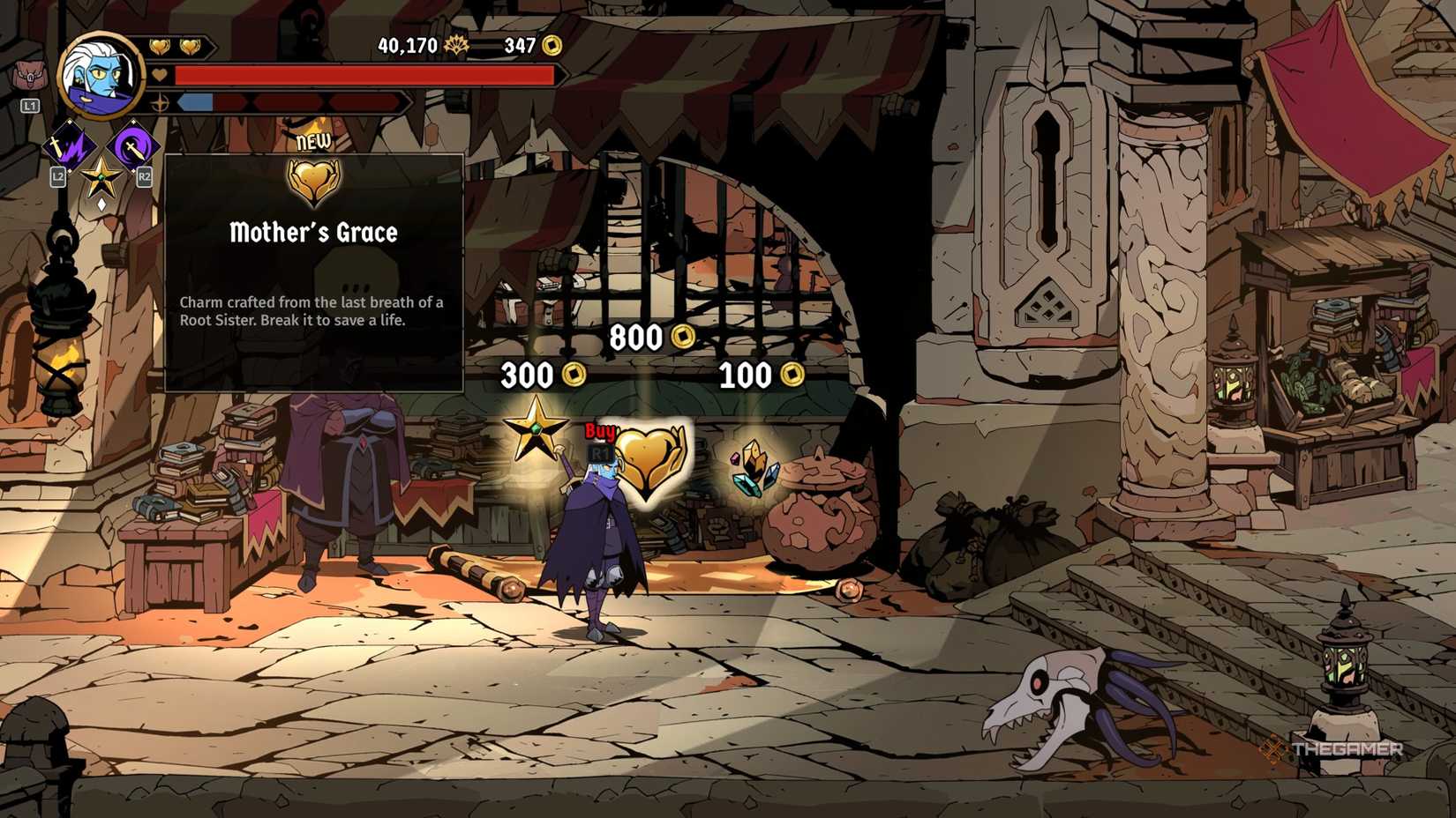 A vendor in Asterios selling Mother's Grace in Absolum.