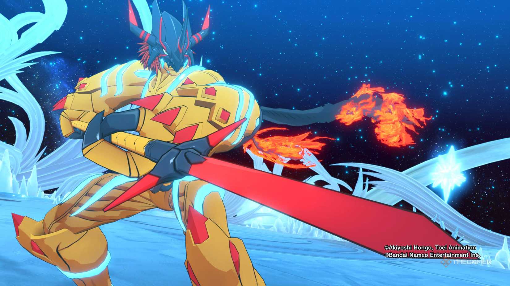 Agumon (Bond of Bravery) in his victory pose in Digimon Story Time Stranger.
