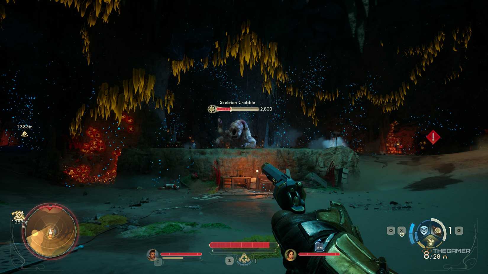 Aiming a gun at a skeleton crabble in The Outer Worlds 2