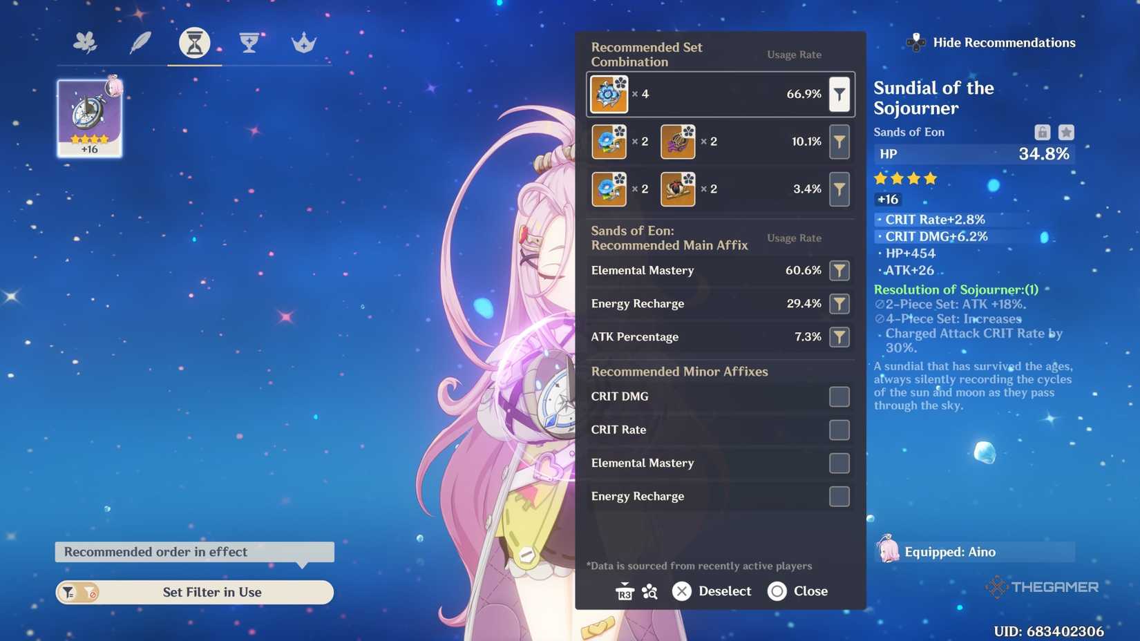 Aino's artifact substats in Genshin Impact.