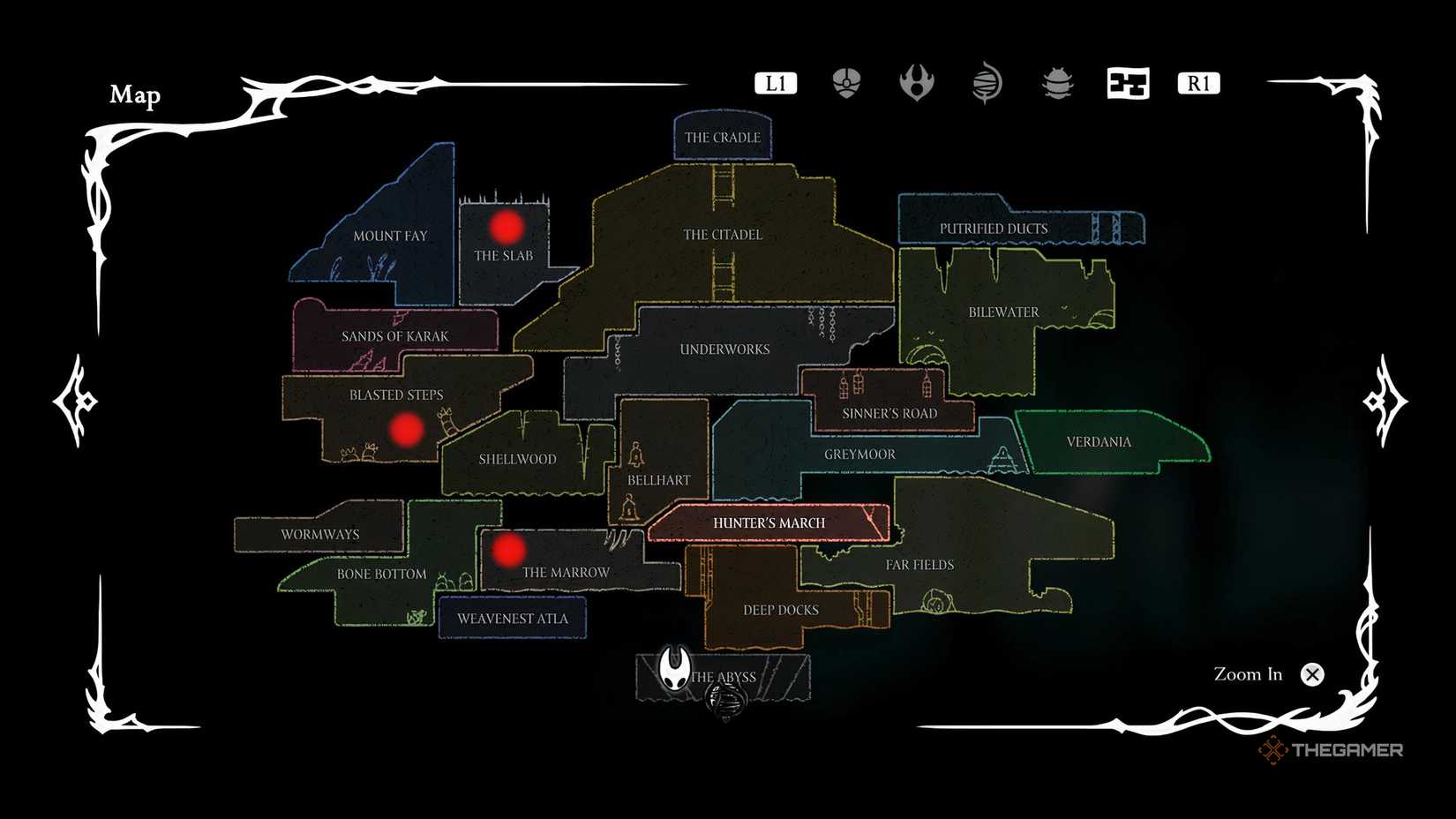 All of Grindles locations on the map in Hollow Knight: Silksong.