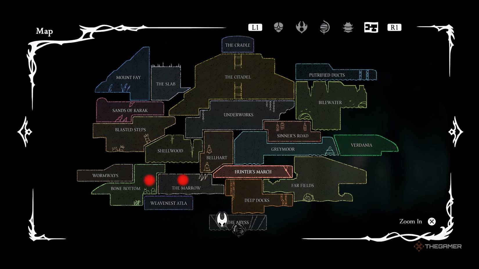 All of Pebbs locations on the map in Hollow Knight Silksong.