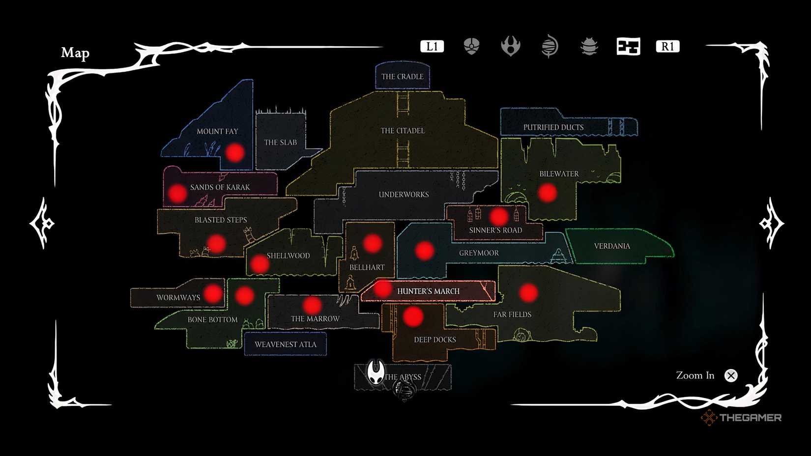 All of Shakras locations on the map in Hollow Knight: Silksong.