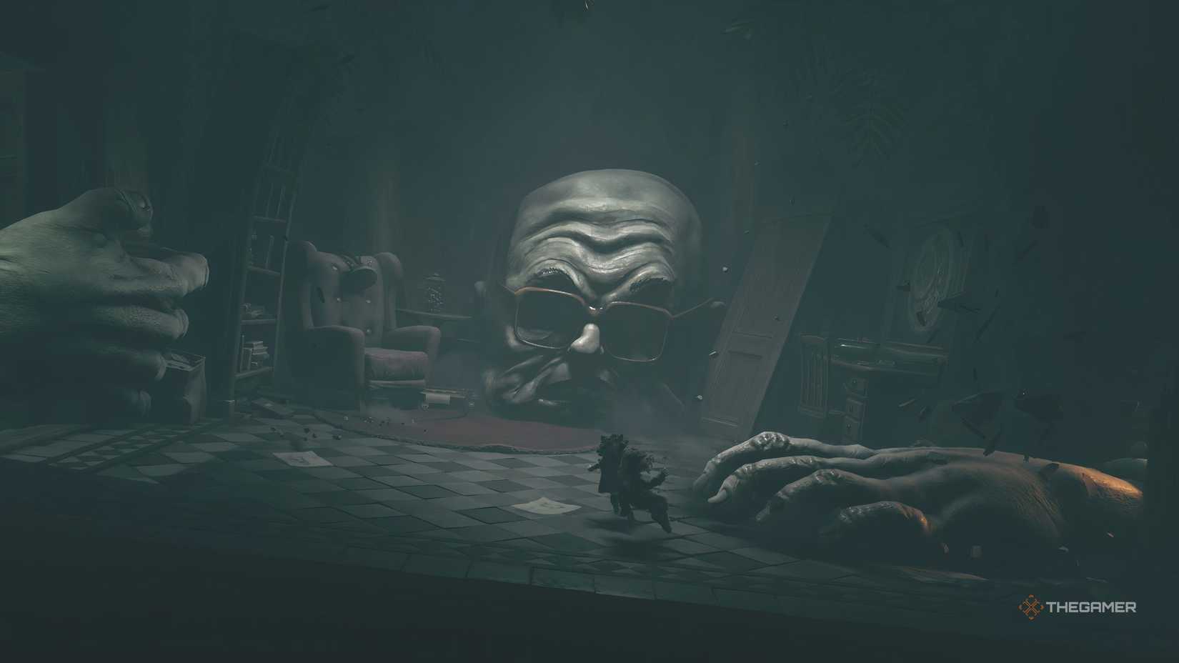 Alone and Low being chased by a man with glasses in Little Nightmares 3.