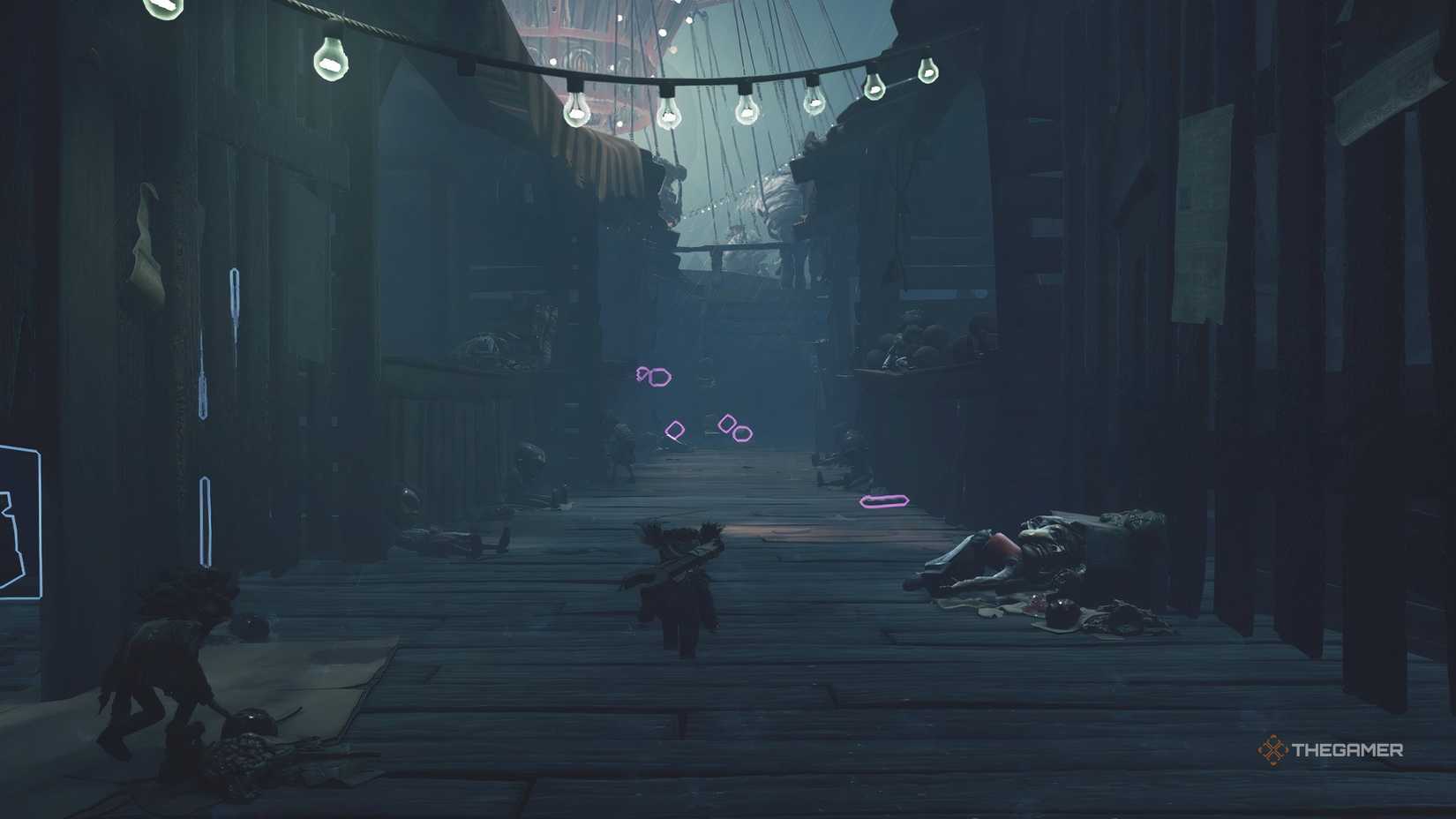 Alone and Low sneaking down a path in Little Nightmares 3.