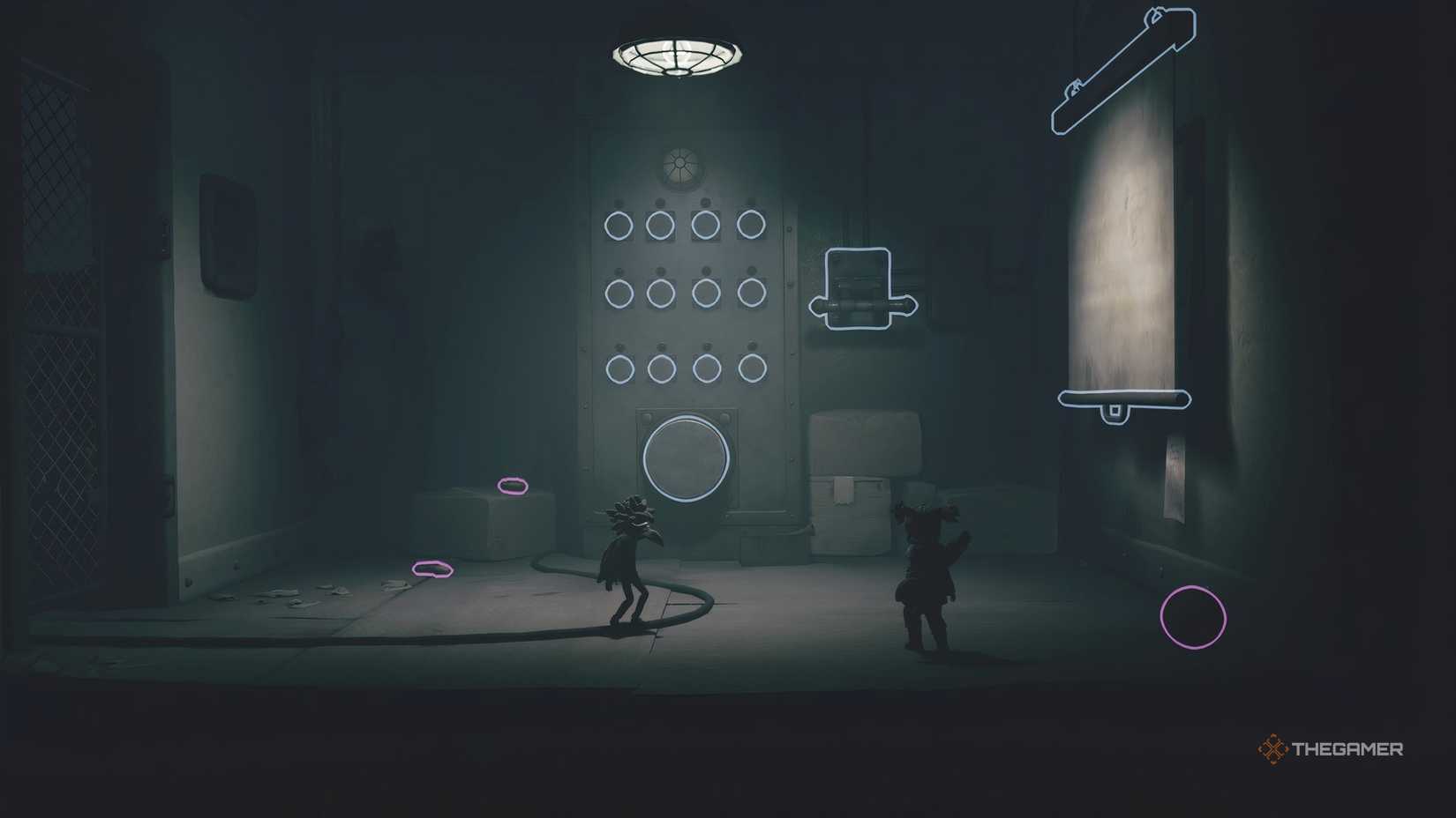 Alone and Low standing in a room with a button puzzles in Little Nightmares 3.