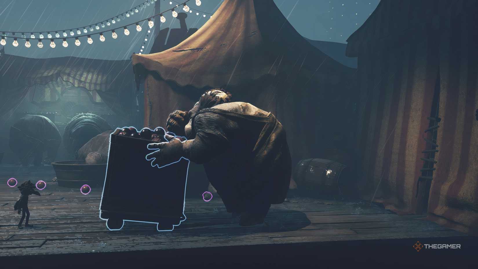 Alone and Low walking around a man eating apples in Little Nightmares 3.